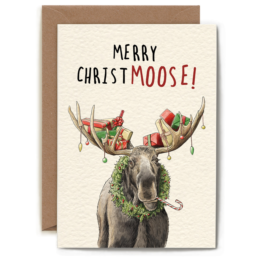 An illustration of a moose with a festive wreath around its neck, a candy cane sticking out its mouth, and Christmas lights and presents adorning its antlers, along with the words &quot;Merry ChristMOOSE!&quot;.