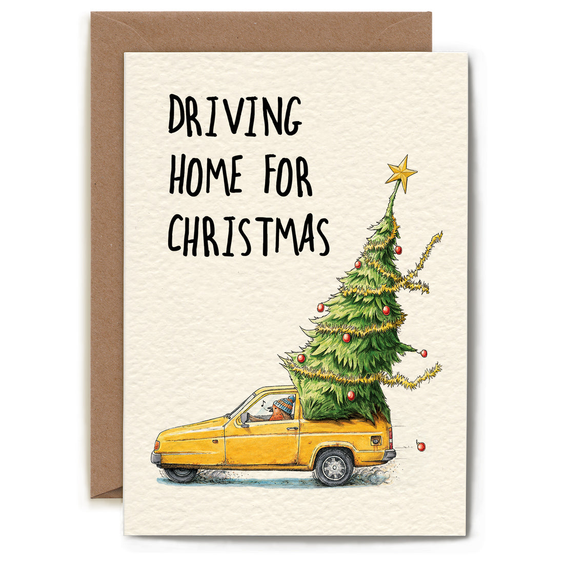 An illustration of a singing bird with a beanie on, driving a yellow car with a Christmas tree coming sticking out of the trunk and the words &quot;Driving home for Christmas&quot;.
