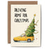 An illustration of a singing bird with a beanie on, driving a yellow car with a Christmas tree coming sticking out of the trunk and the words "Driving home for Christmas".