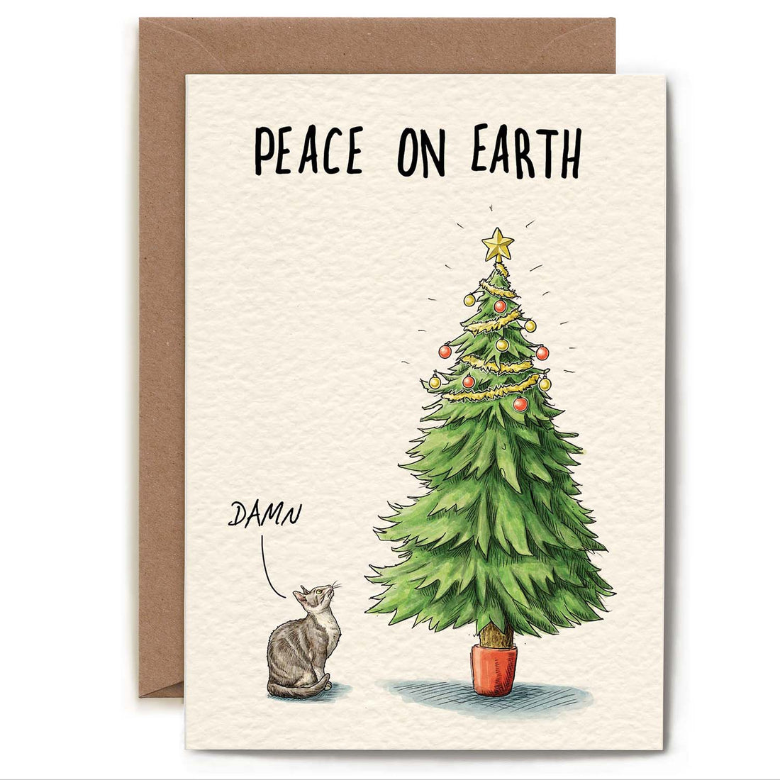 An illustration of a cat looking up at a Christmas tree with decorations at the top only and the words &quot;Damn&quot; indicating the cat&