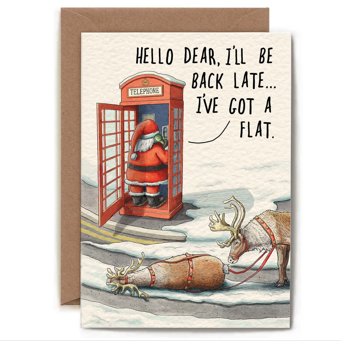 An illustration of Santa using a phone booth and the words &quot;Hello dear, I&