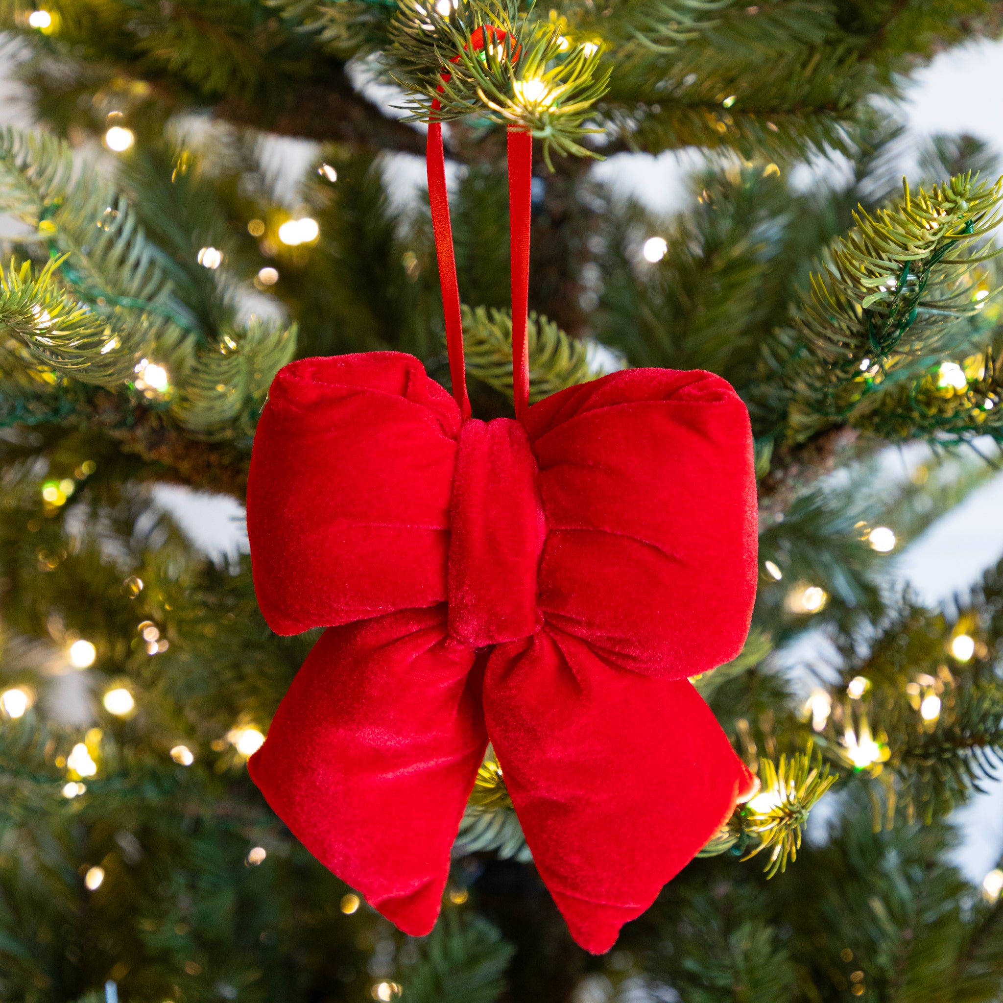 Red bow ornament on a Christmas tree with blurred lights in the background.