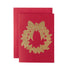 A gold-leaf Christmas Wreath with a bow on a red greeting card, with a matching red envelope.