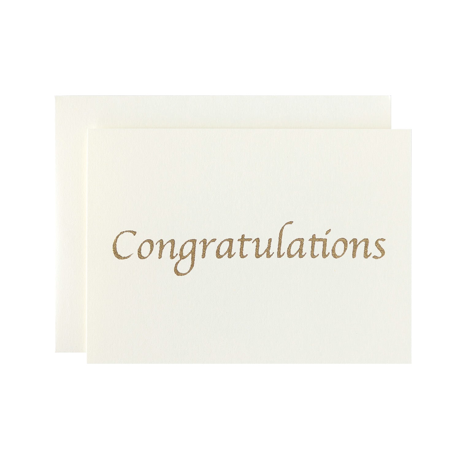 A greeting card with "Congratulations" in gold foil on an ivory card with a matching envelope.