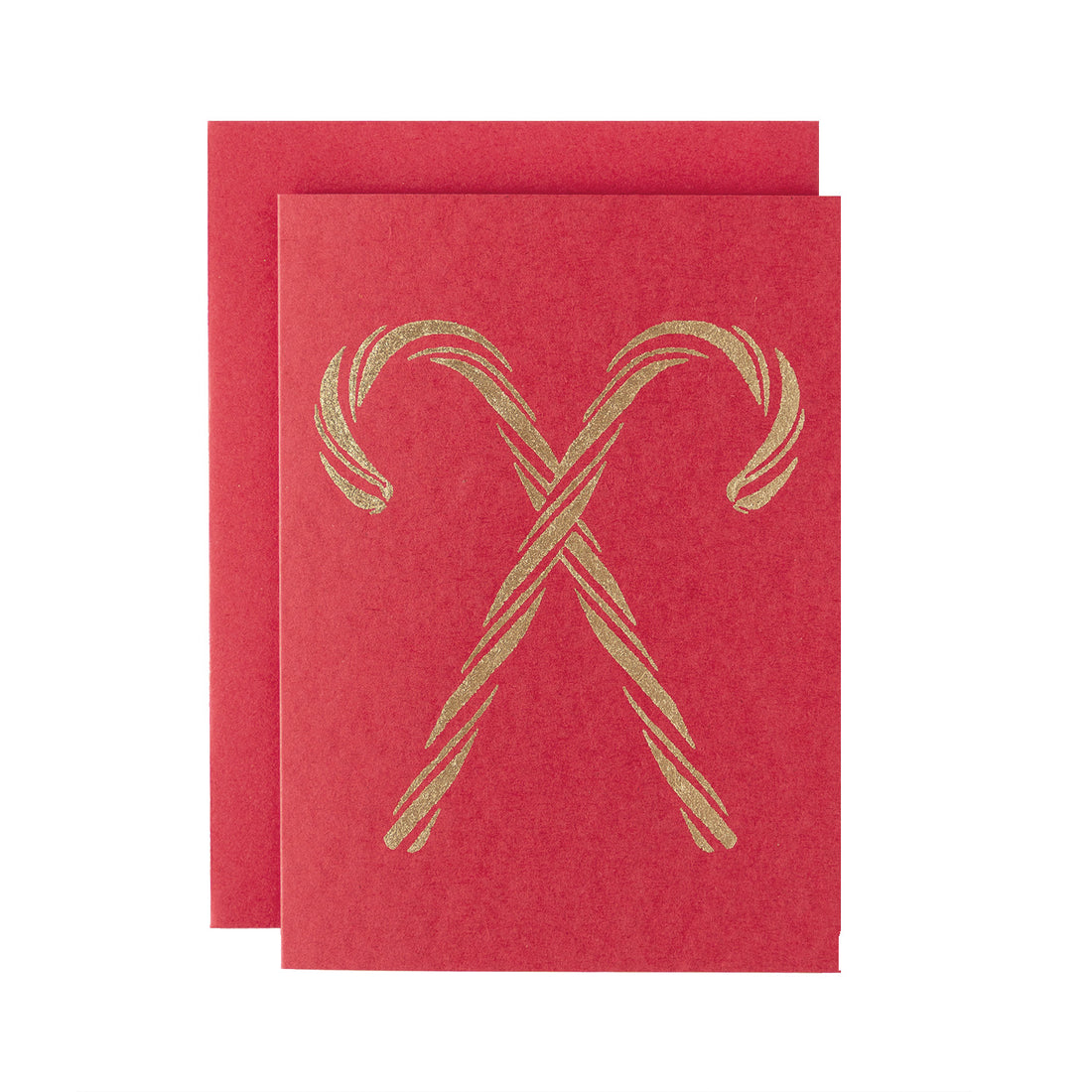Two criss-crossed gold leaf candy canes on a red greeting card with a matching envelope.