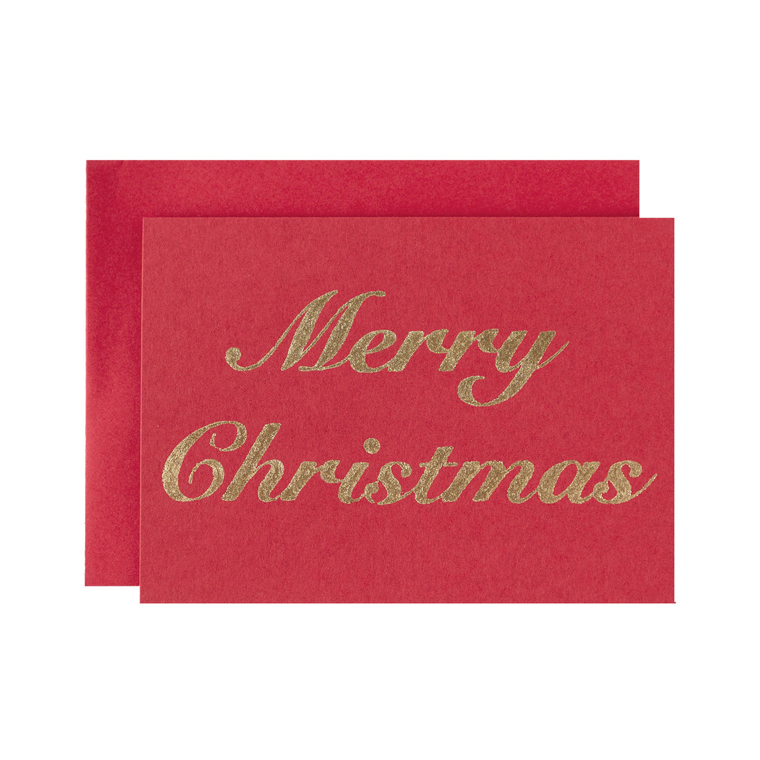 Text that reads &quot;Merry Christmas&quot; in gold leaf, on a red card with a matching envelope.