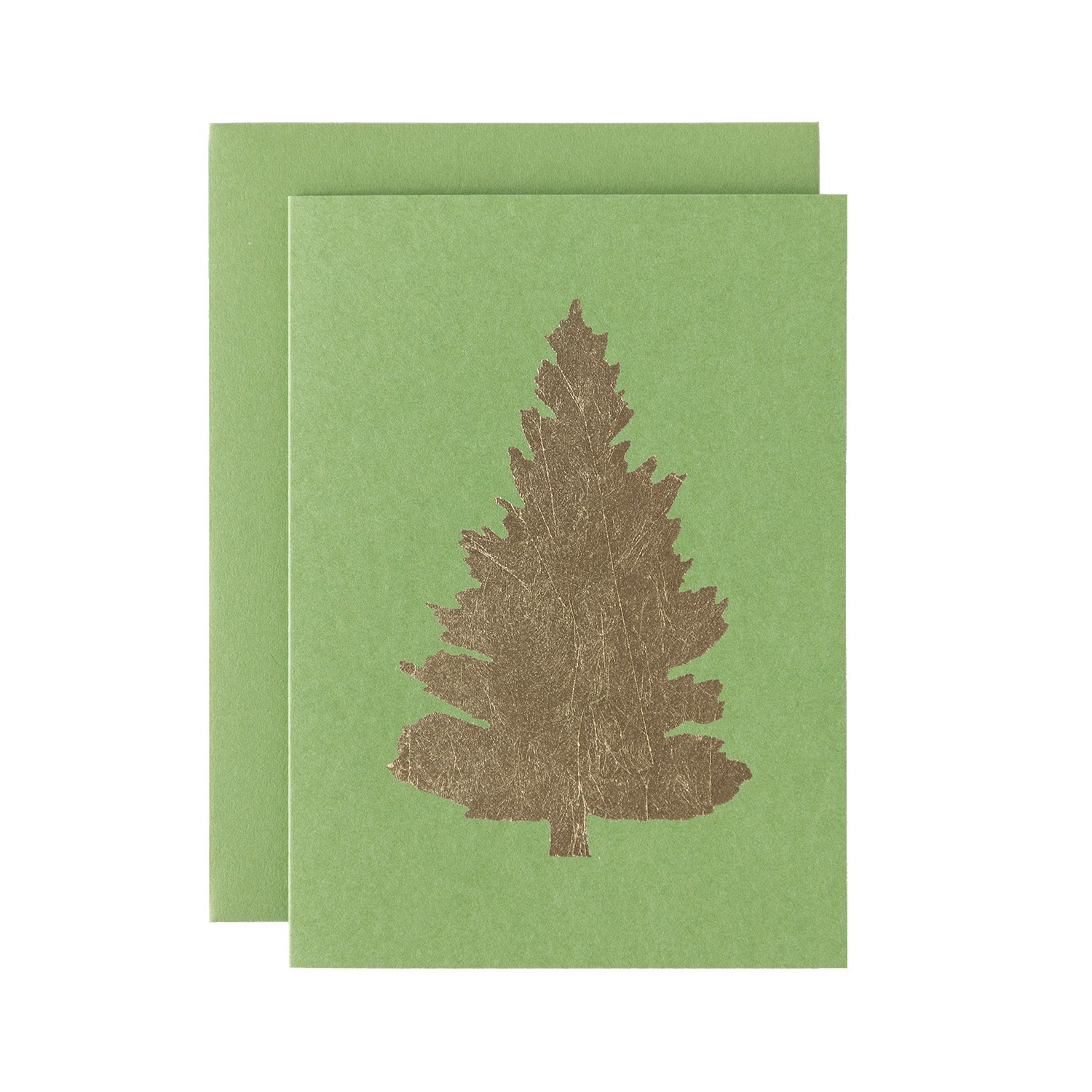 A gold foil fir tree on a green card with a matching envelope.