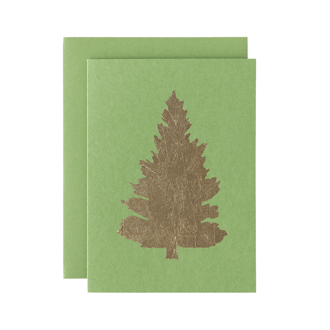 A gold foil fir tree on a green card with a matching envelope.