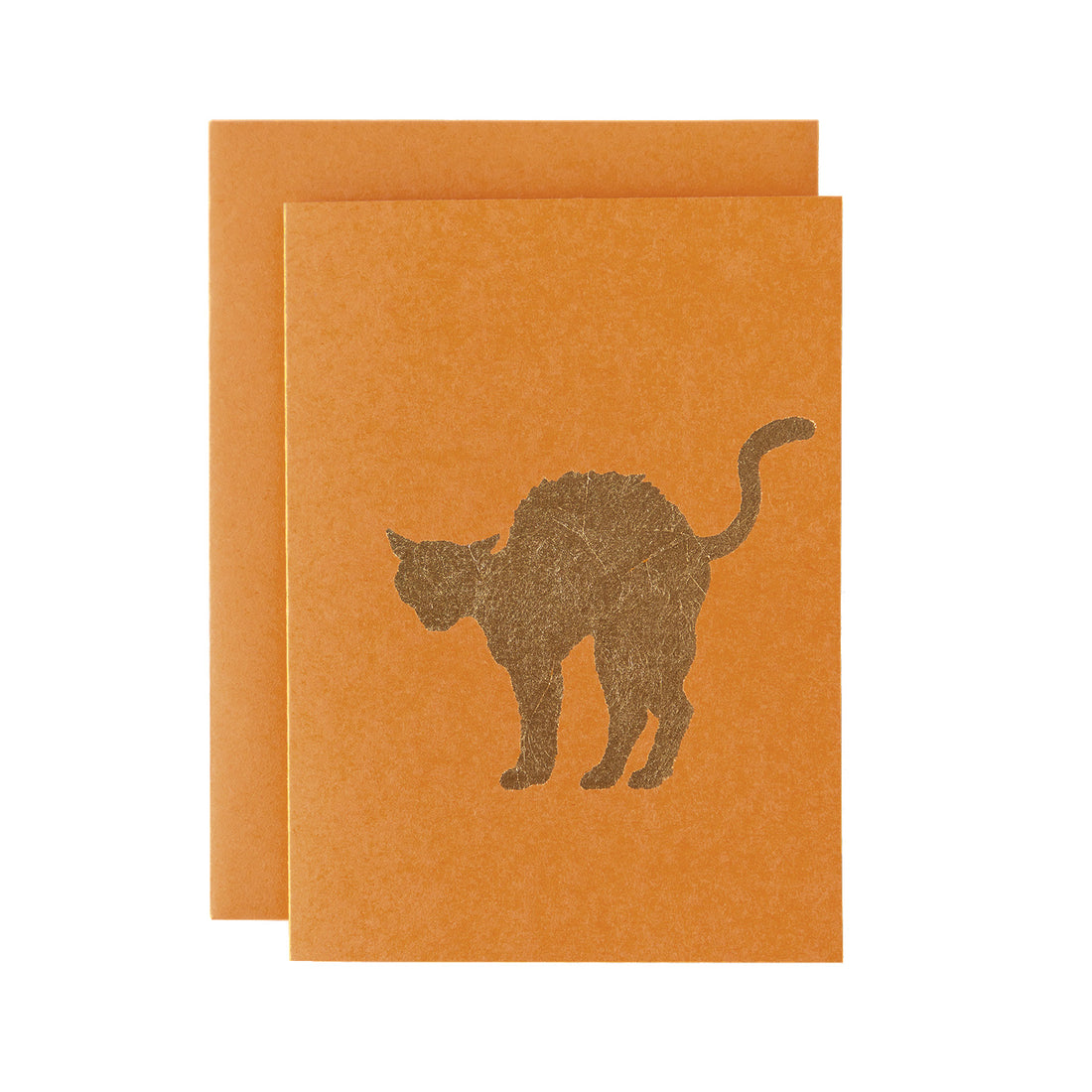 A gold foiled arched cat on an orange card with a matching envelope.
