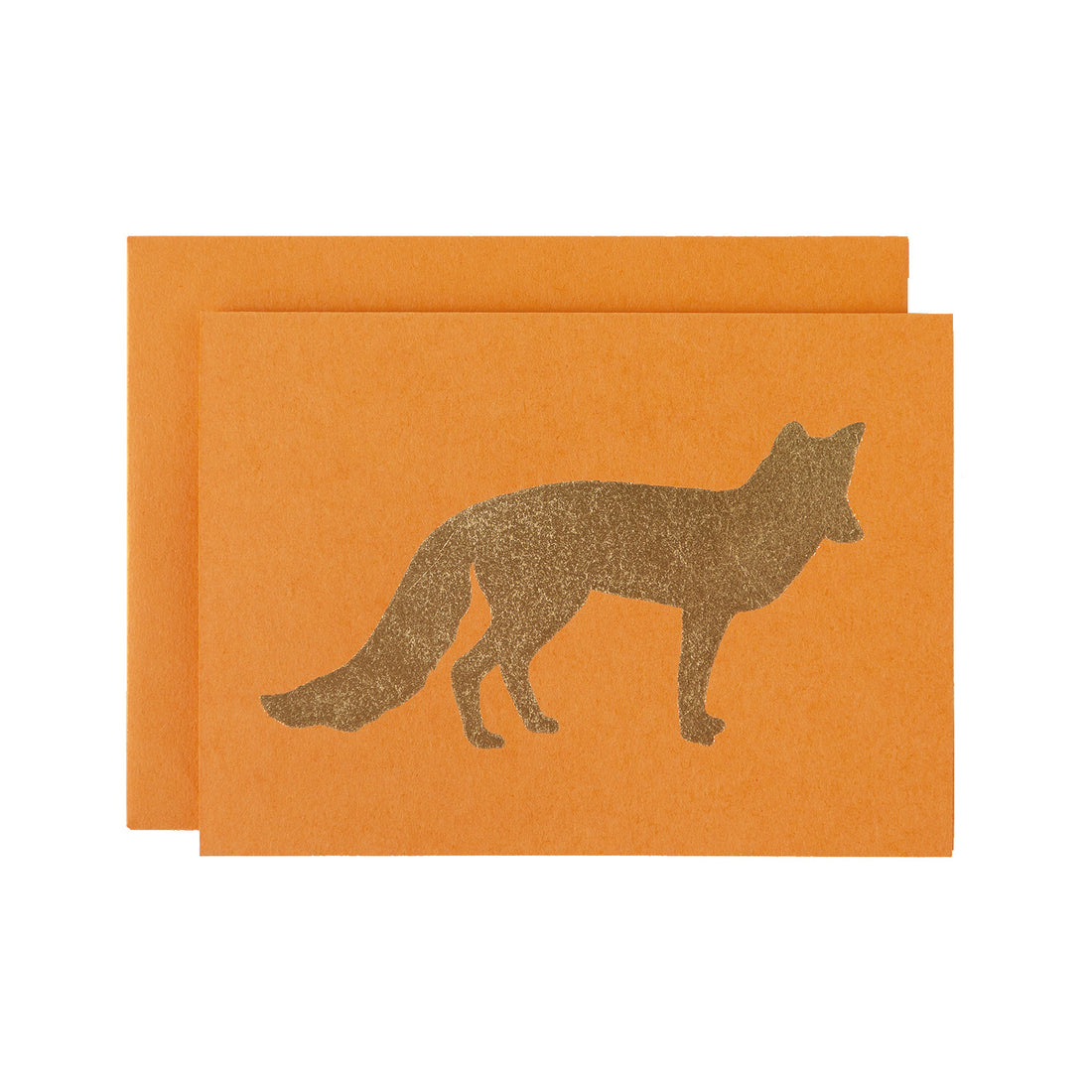 A gold foiled fox against an orange background with a matching envelope.