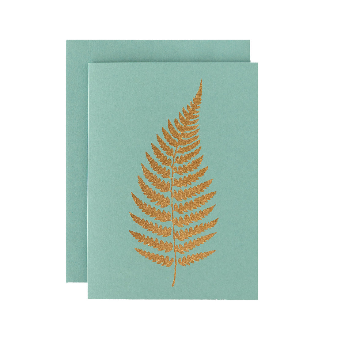 A gold foiled Eucalyptus Fern on a seafoam card with a matching envelope.