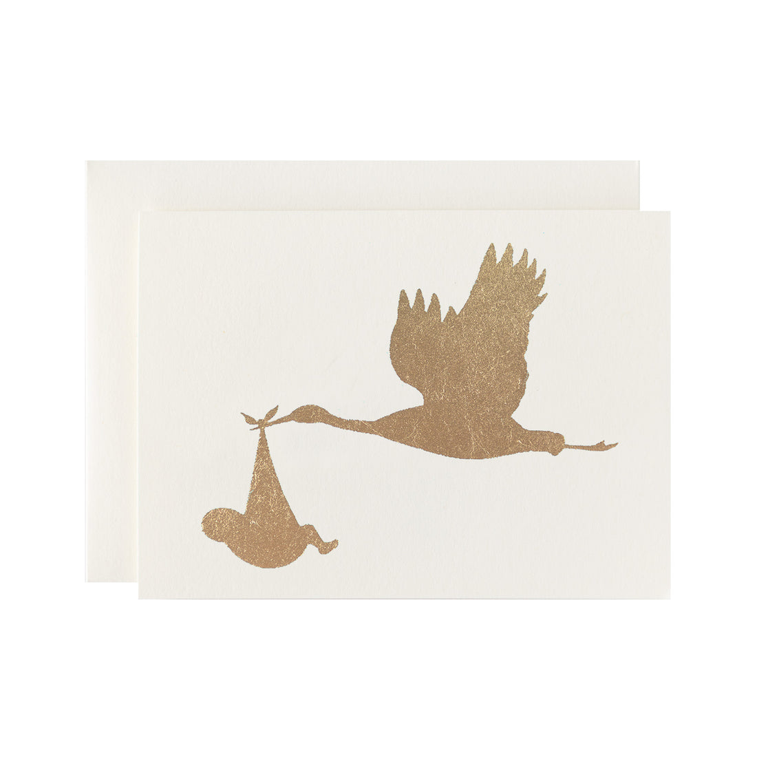 A flying stork carrying a baby in a sack on an ivory background with a matching envelope.