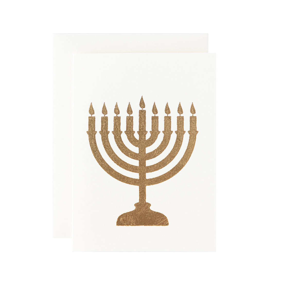 A gold leafed Menorah on an ivory card with a matching envelope.