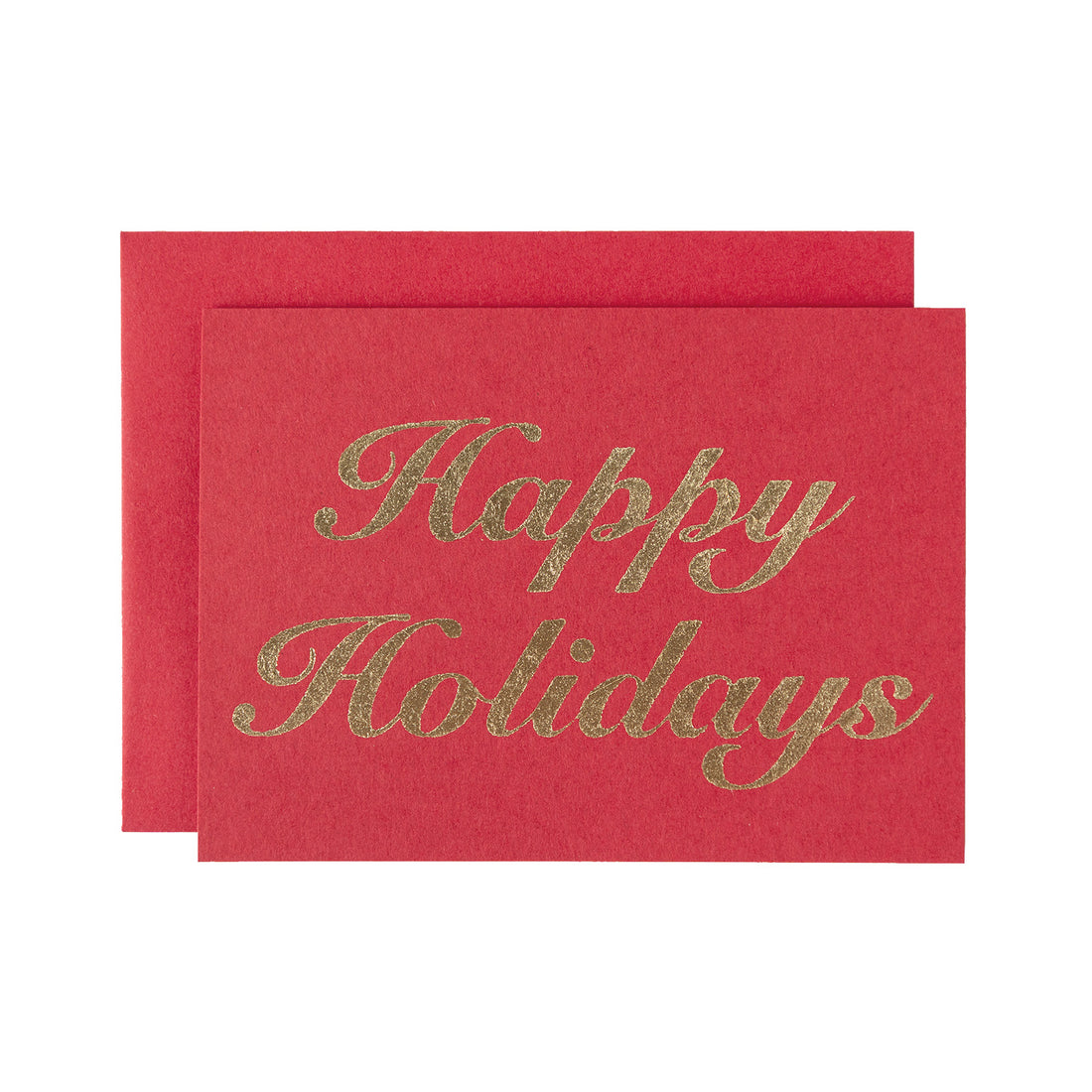 &quot;Happy Holidays&quot; in gold foiled text on a red card with a matching envelope.