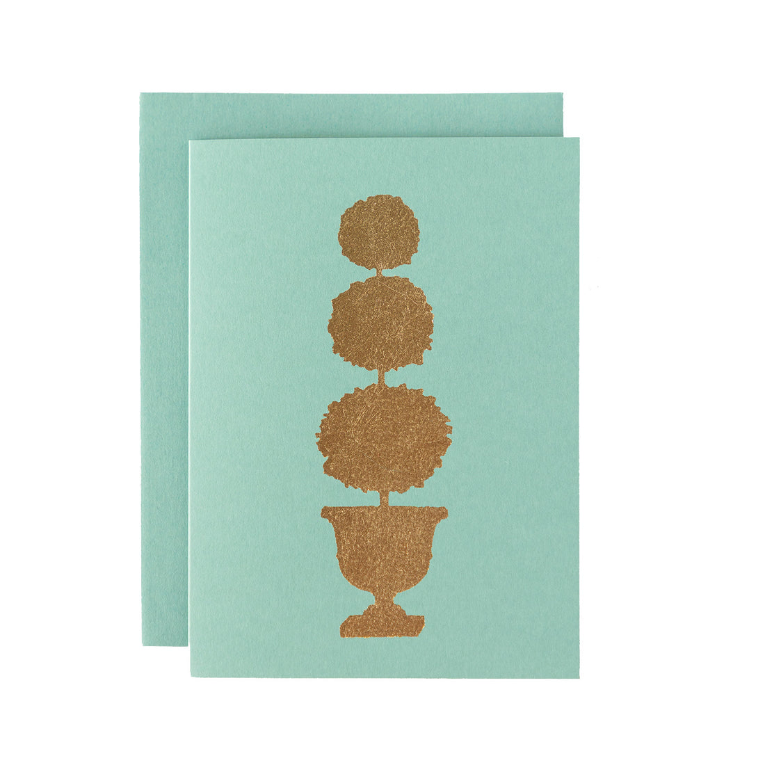 A gold leaf, three ball topiary plant in a pot, on a eucalyptus card with a matching envelope.