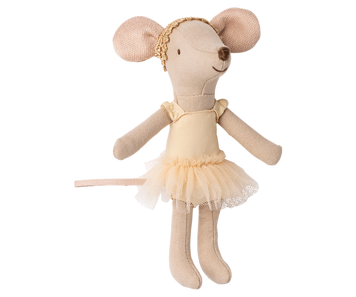 Stuffed mouse toy in a ballerina outfit on a white background.