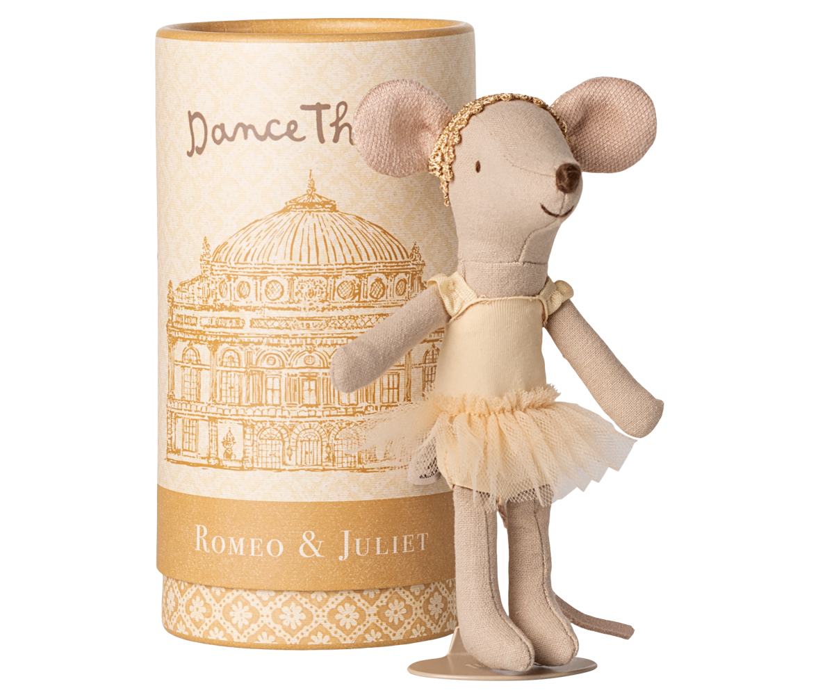 Stuffed mouse doll in a tutu dress with a decorative cylindrical box on a white background.