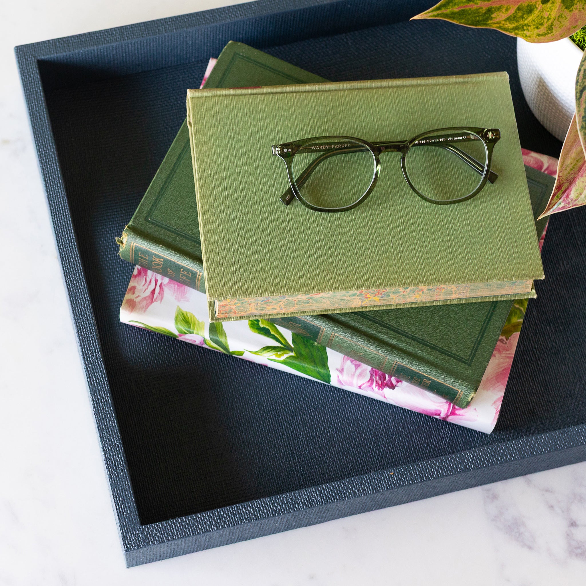 Stack of green books with a pair of glasses on top, placed on the Indigo St. Tropez Decorative Tray.
