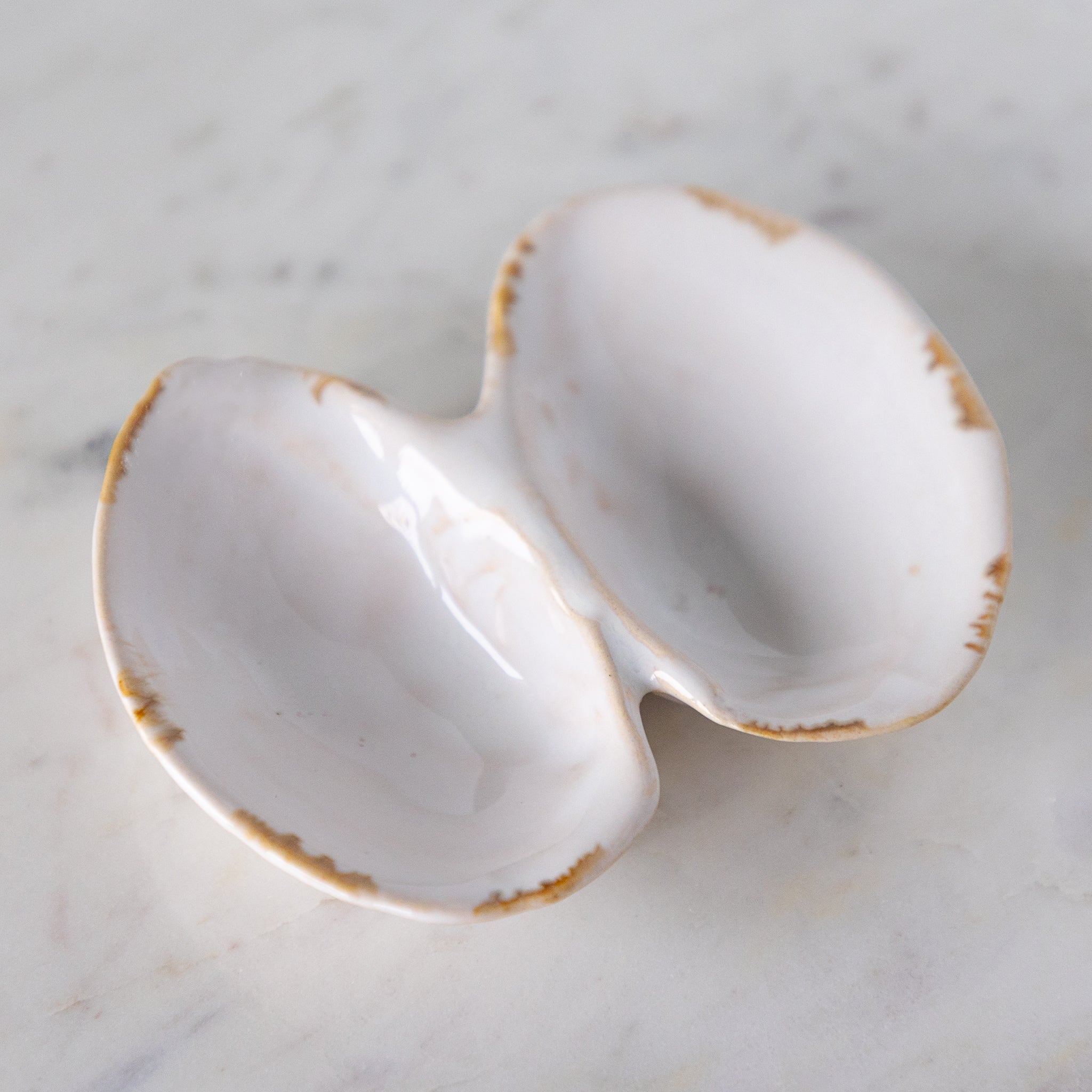 An open oyster shell shaped dish with white reflective glaze on the inside, on a marble table.