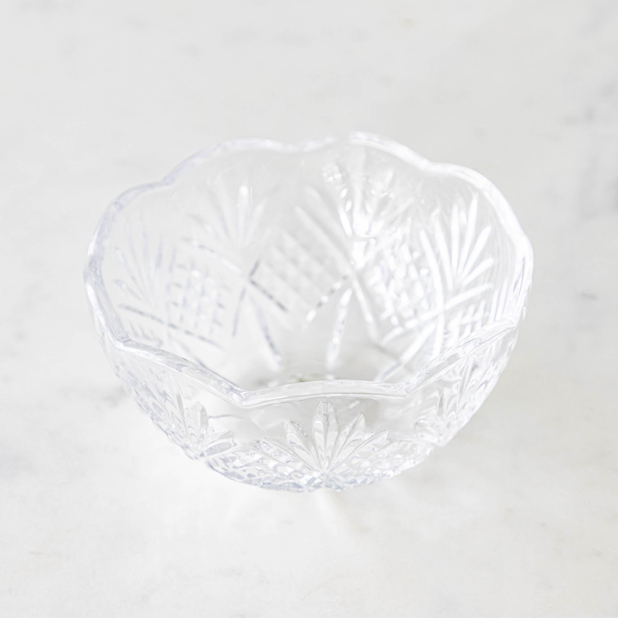 Clear glass bowl with etching.