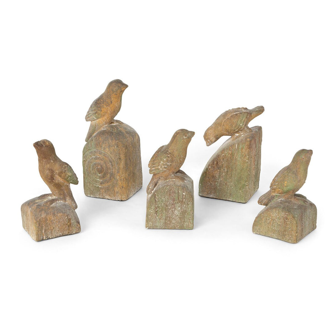 Set of 5 Song Bird Relics in different sizes and poses.