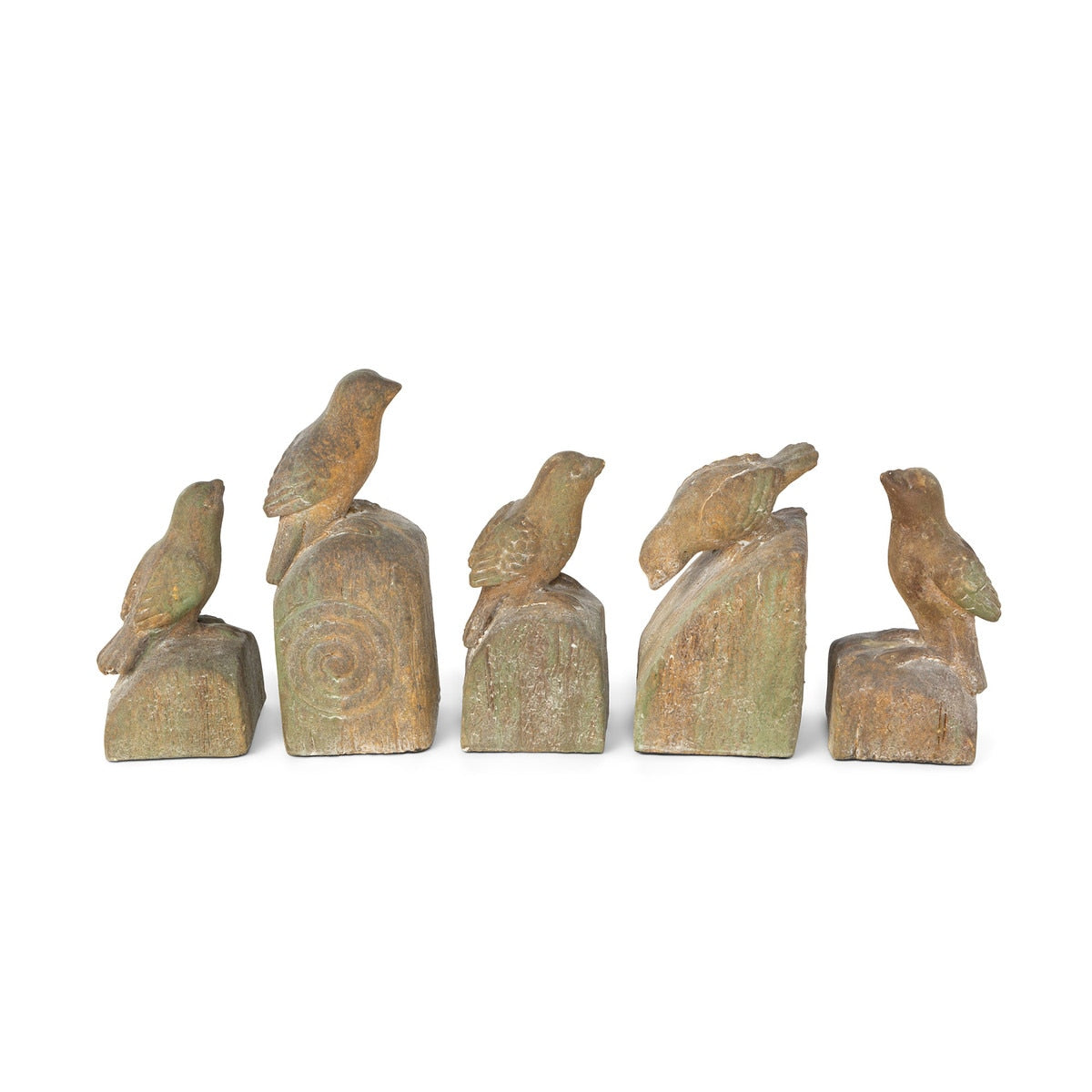 Set of 5 Song Bird Relics in different sizes and poses.