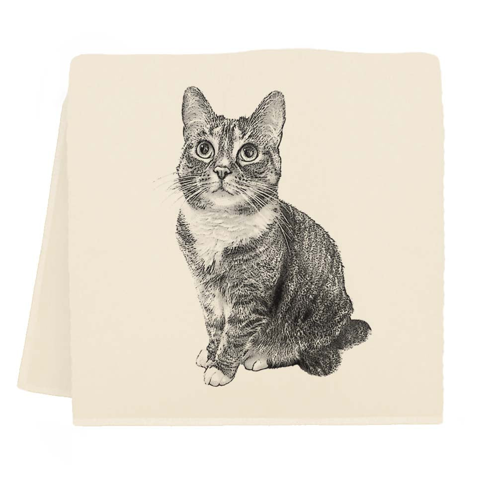 Illustration of a seated tabby cat on an Eric &amp; Christopher Izzy Tea Towel with a pale background.