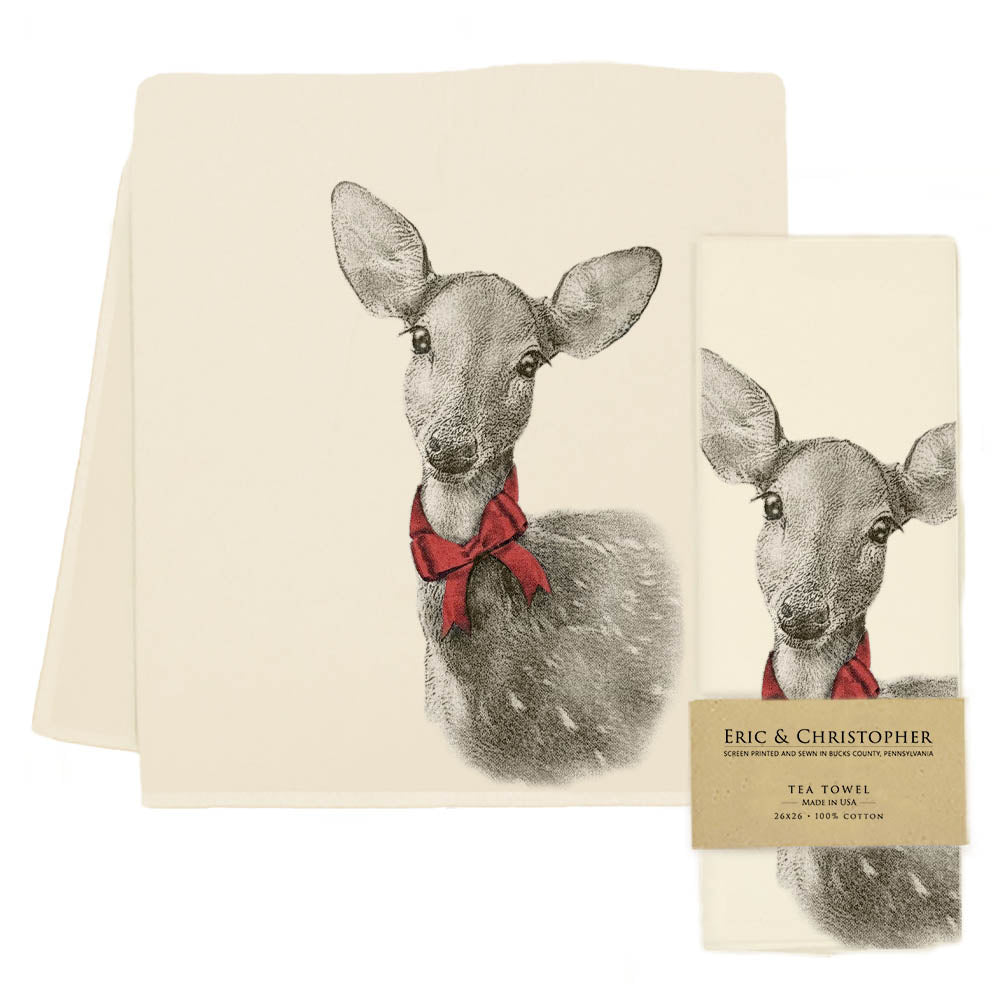 Tea towel with deer design and red bow tie on a white background.