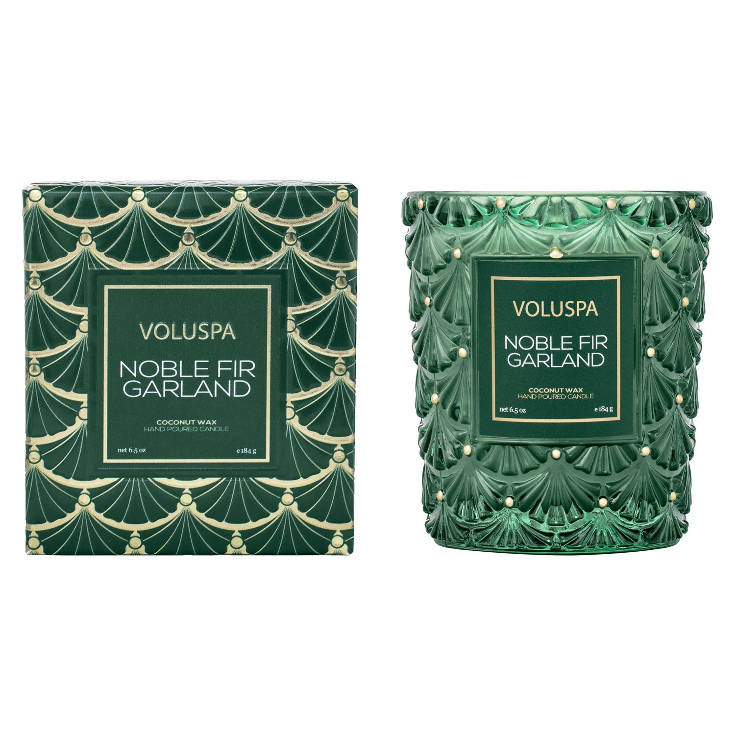 Green glass Noble Fir Garland Candle  with corresponding box next to it in 6.5oz size.