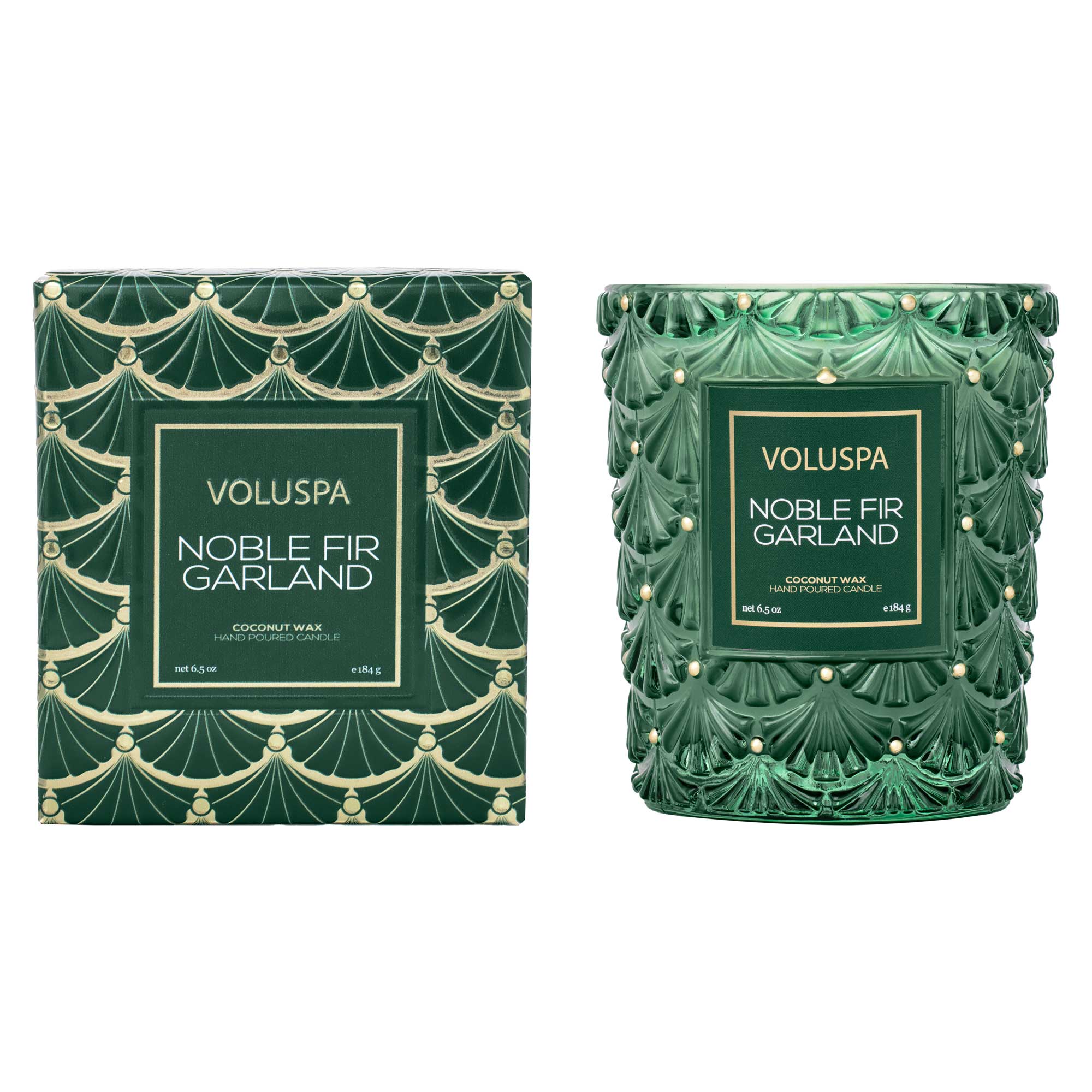 Green glass Noble Fir Garland Candle  with corresponding box next to it in 6.5oz size.
