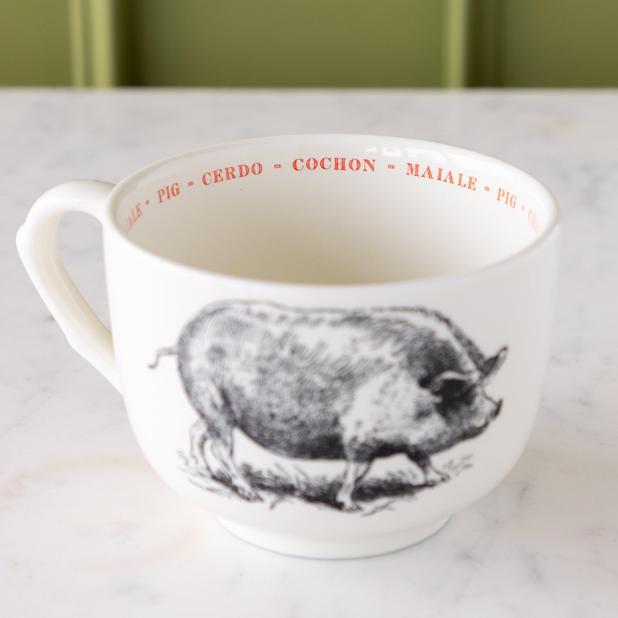 White mug with black pig illustration with "pig" in different languages in red text around the inside rim.