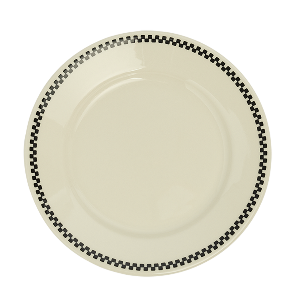 Beige plate with a black checkered rim on a white background