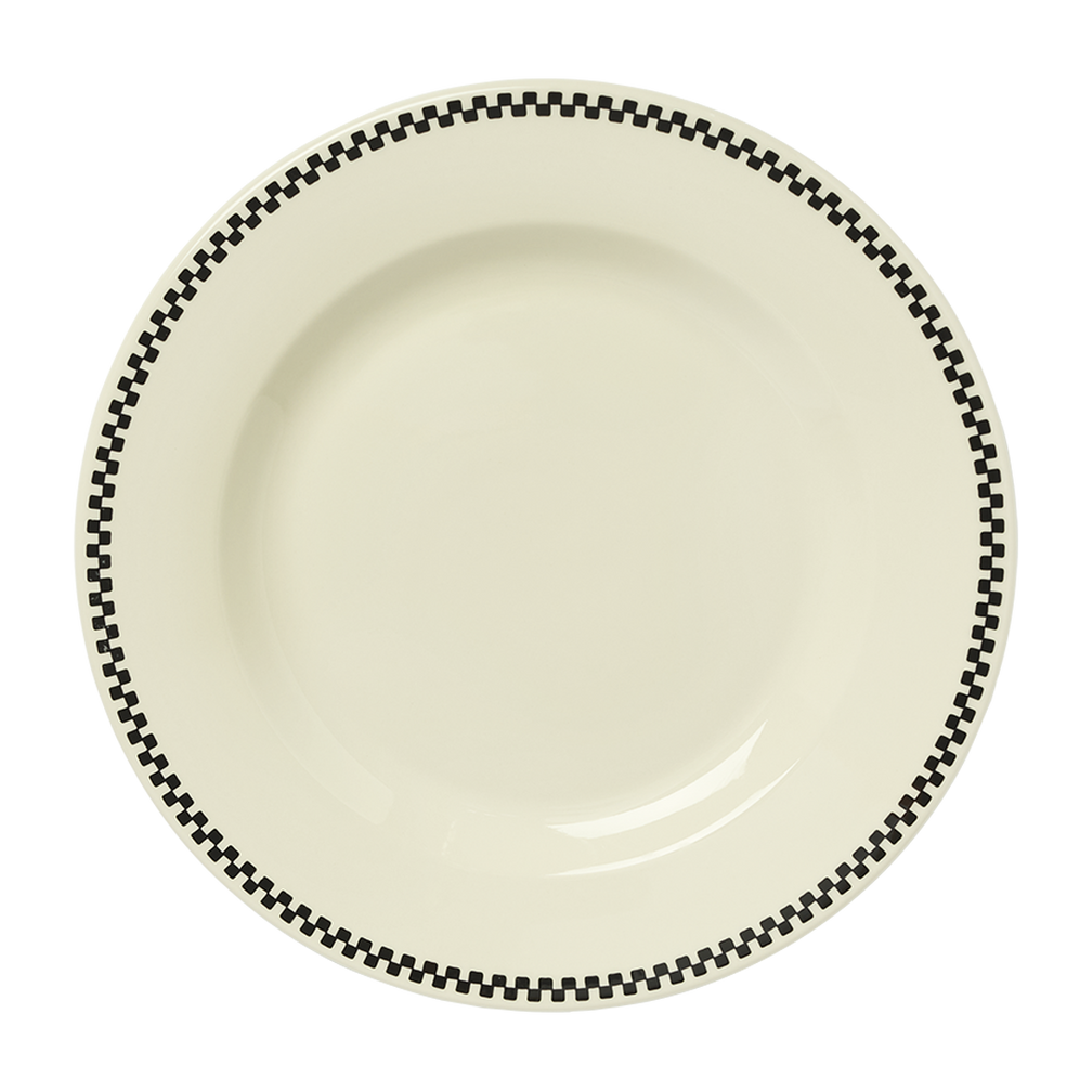 Beige ceramic plate with black checkered rim on a white background
