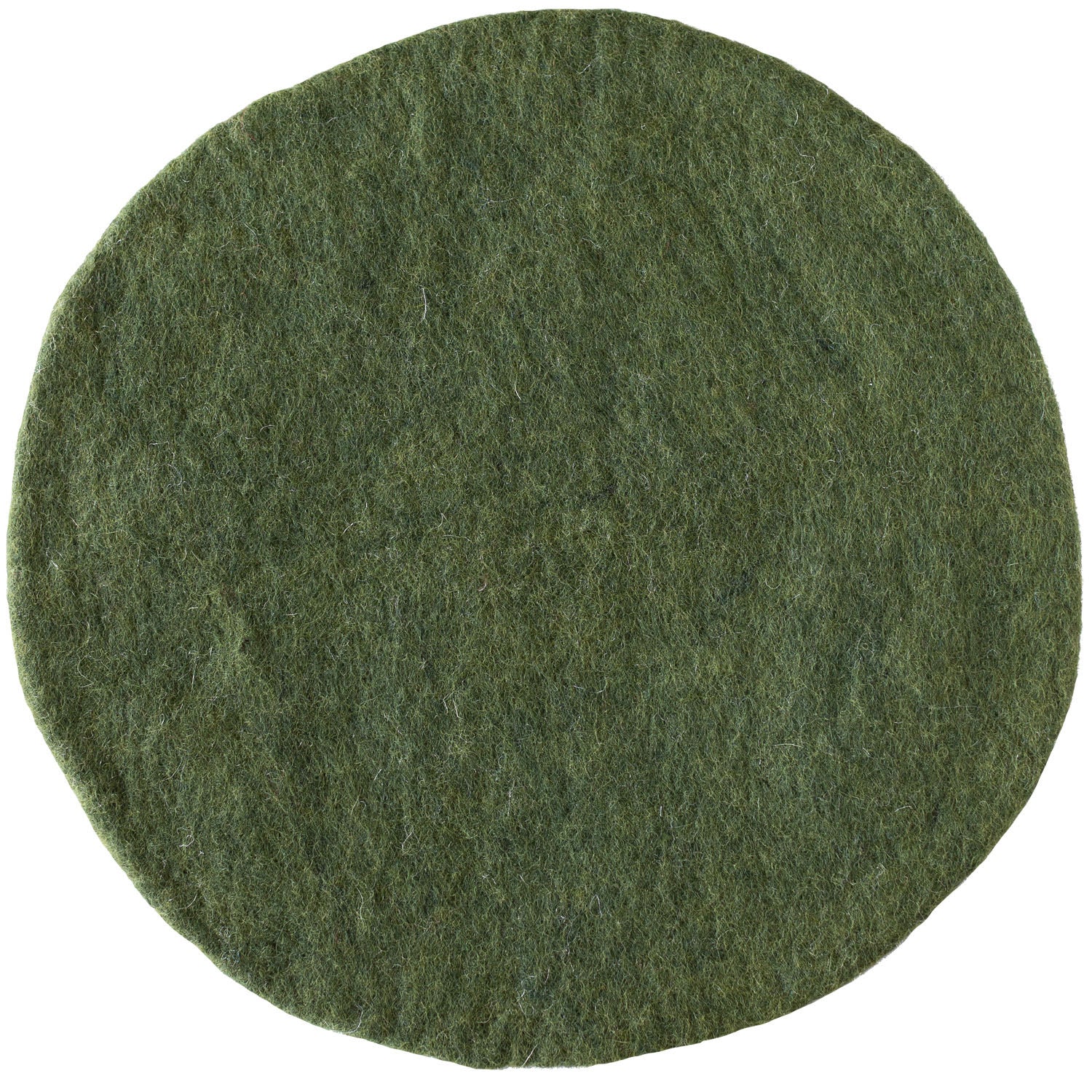 A round, flat placemat of forest green artisan felt is displayed against a white background.