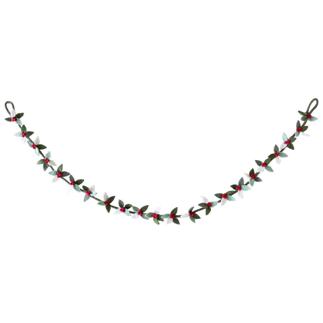 A handmade holiday garland featuring alternating green, white, and red felt leaves with small red balls, arranged in a gentle curve against a white background.