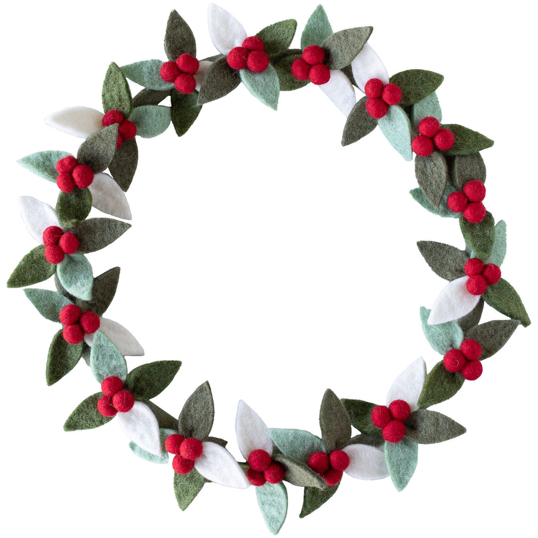 A handmade holiday charger featuring alternating green, white, and red felt leaves with small red balls, against a white background.