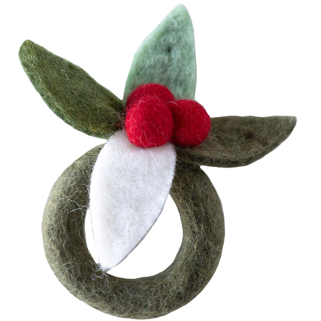 A handmade felt napkin ring featuring alternating green, white, and red felt leaves with small red balls, against a white background.