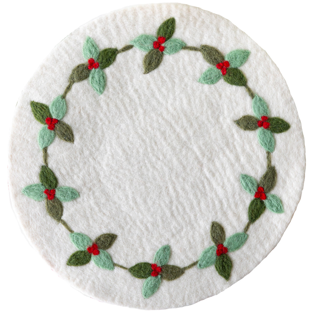 A round, flat placemat of white with a berry wreath, artisan felt is displayed against a white background.