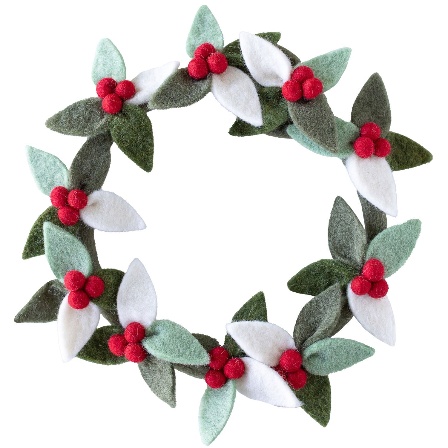 A handmade holiday wreath featuring alternating green, white, and red felt leaves with small red balls, against a white background.