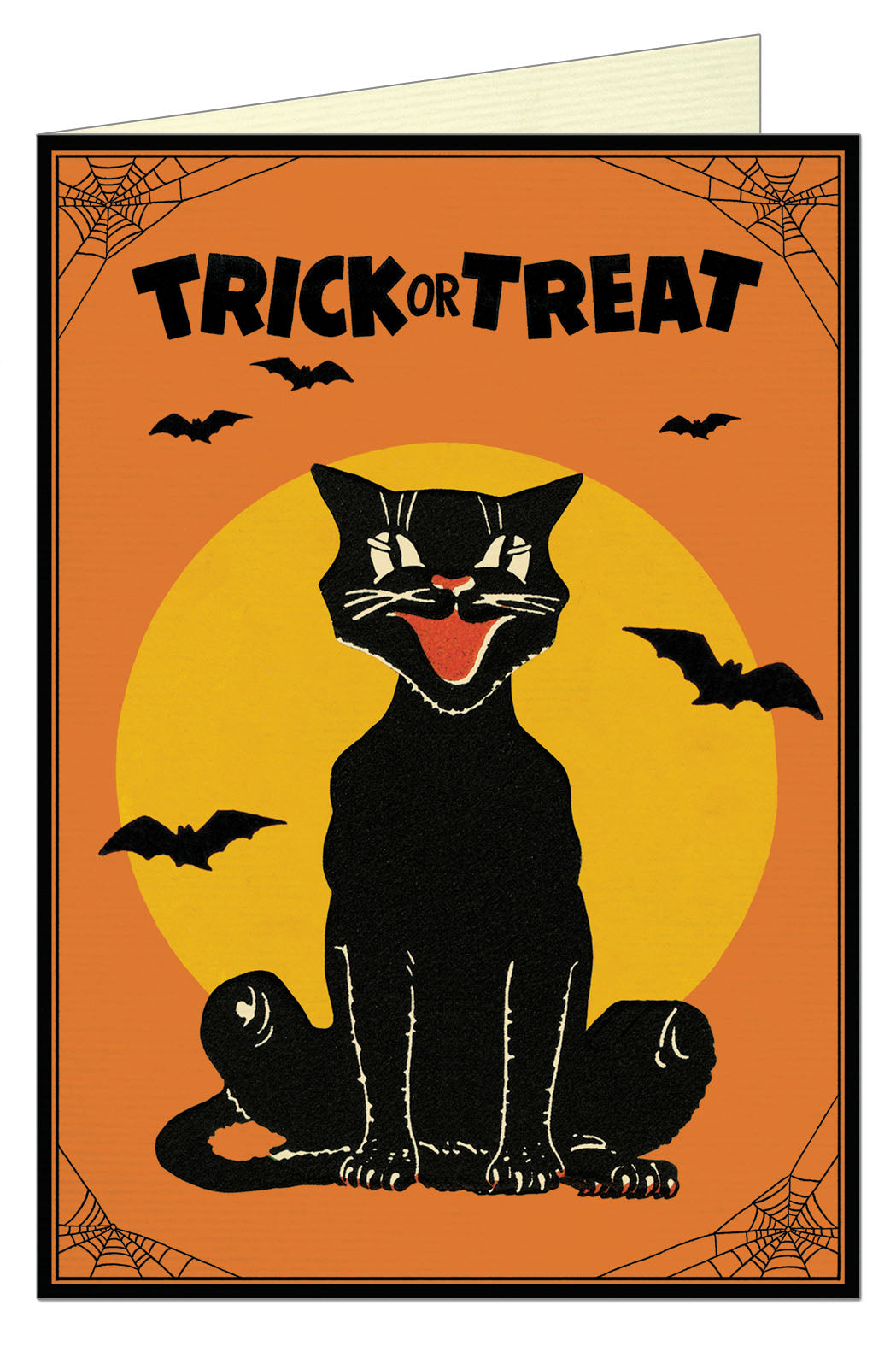 Greeting card with orange and yellow background with a black cat in the foreground stating Trick or Treat at the top