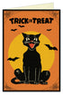 Greeting card with orange and yellow background with a black cat in the foreground stating Trick or Treat at the top