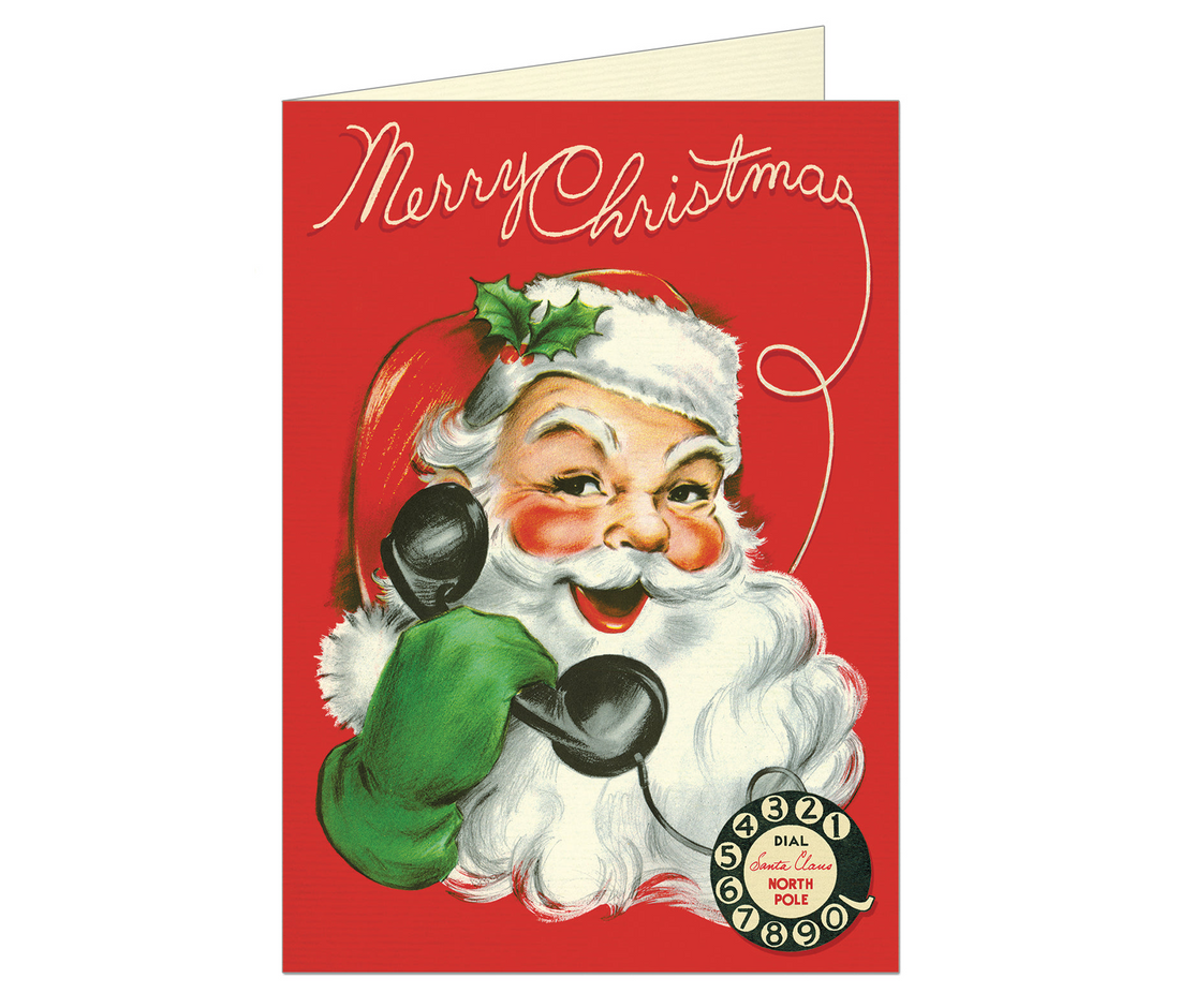 Greeting card with vintage image of Santa holding a telephone with Merry Christmas at the top.
