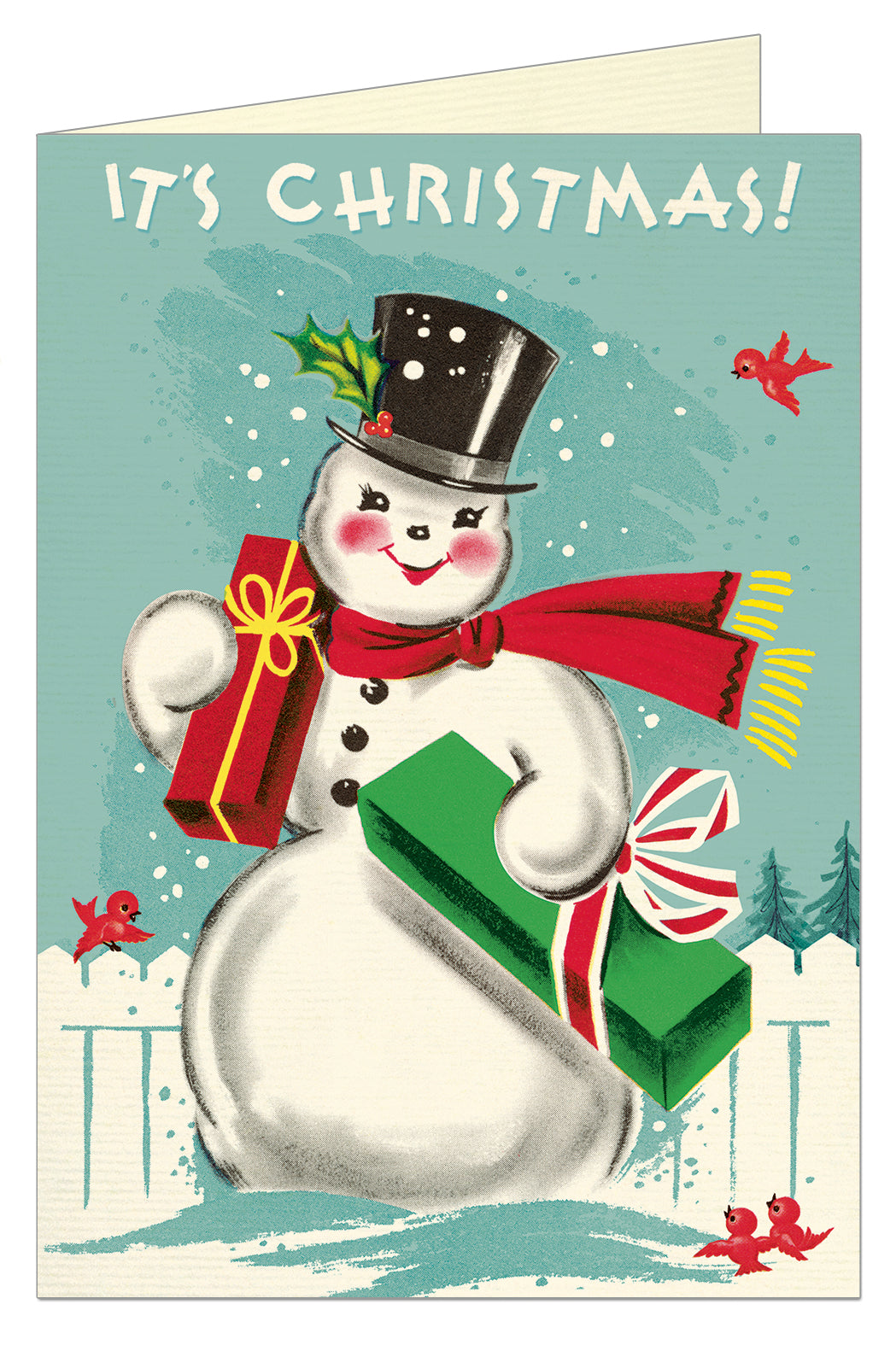 Vintage-style Christmas card with a snowman holding a present and candy, set against a snowy landscape.