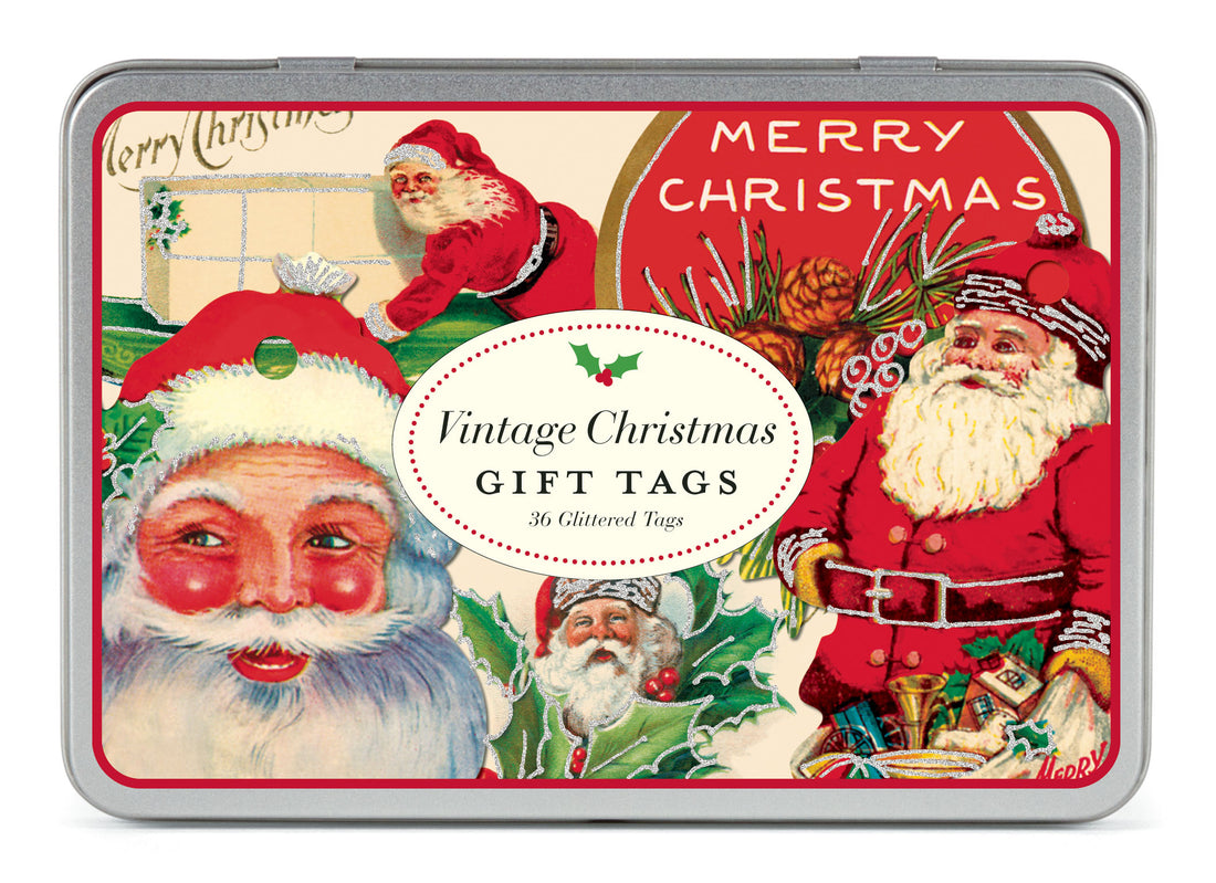 Vintage Christmas gift tags tin with Santa Claus illustrations on a white background.