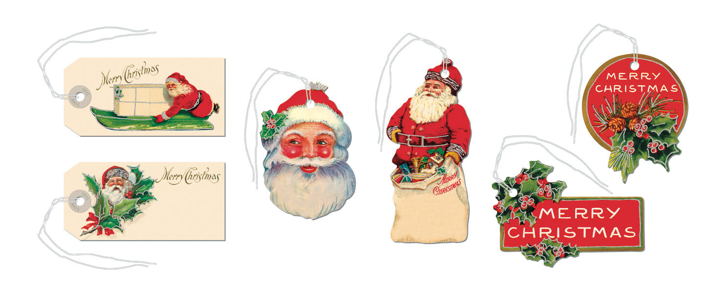 Collection of vintage-style Christmas gift tags featuring Santa Claus and festive text.