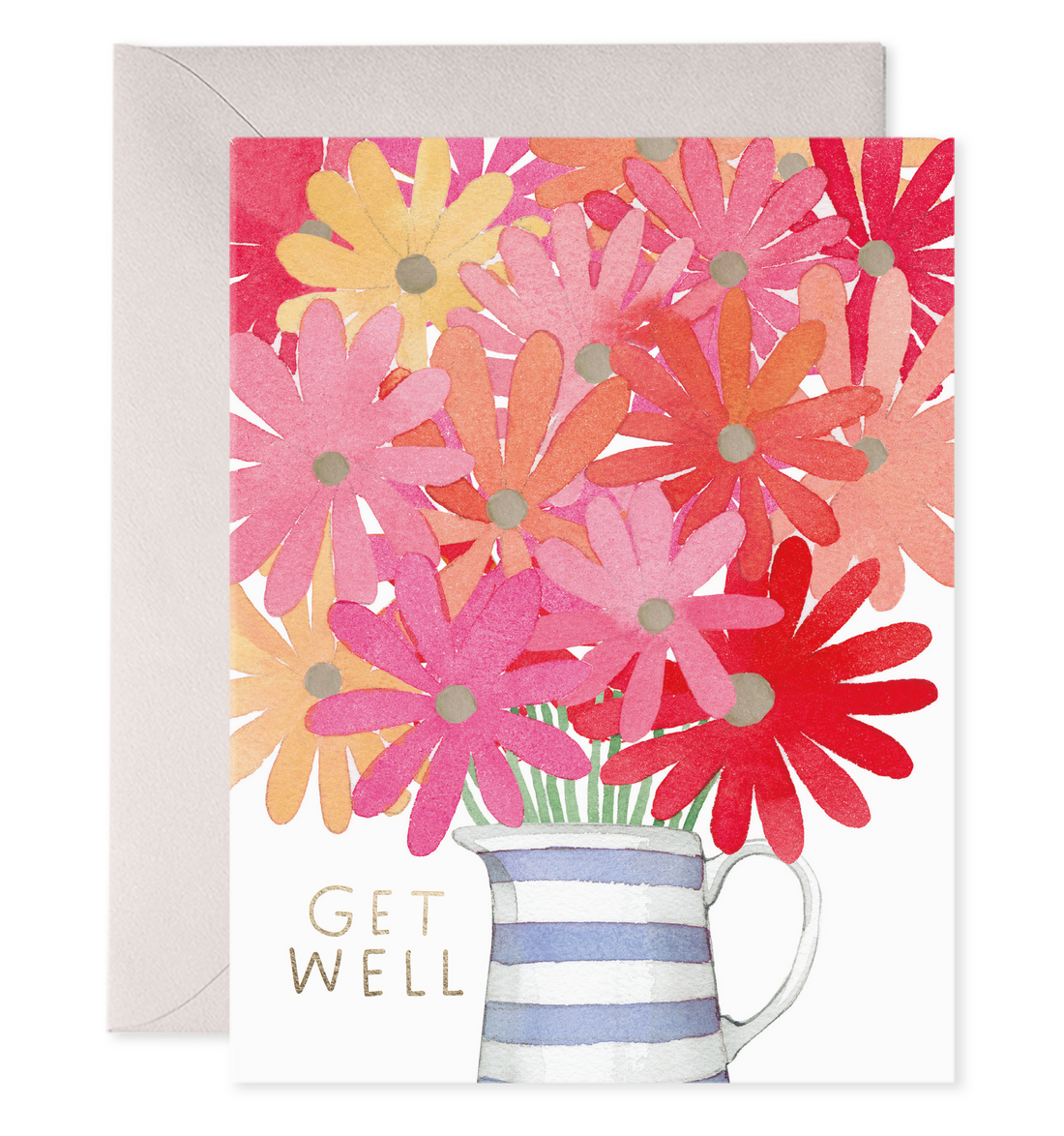 Front of card with illustration of a pitcher with flowers coming out of it in various shades of pink and red.  In the corner of the card it says "Get well" in gold foil.