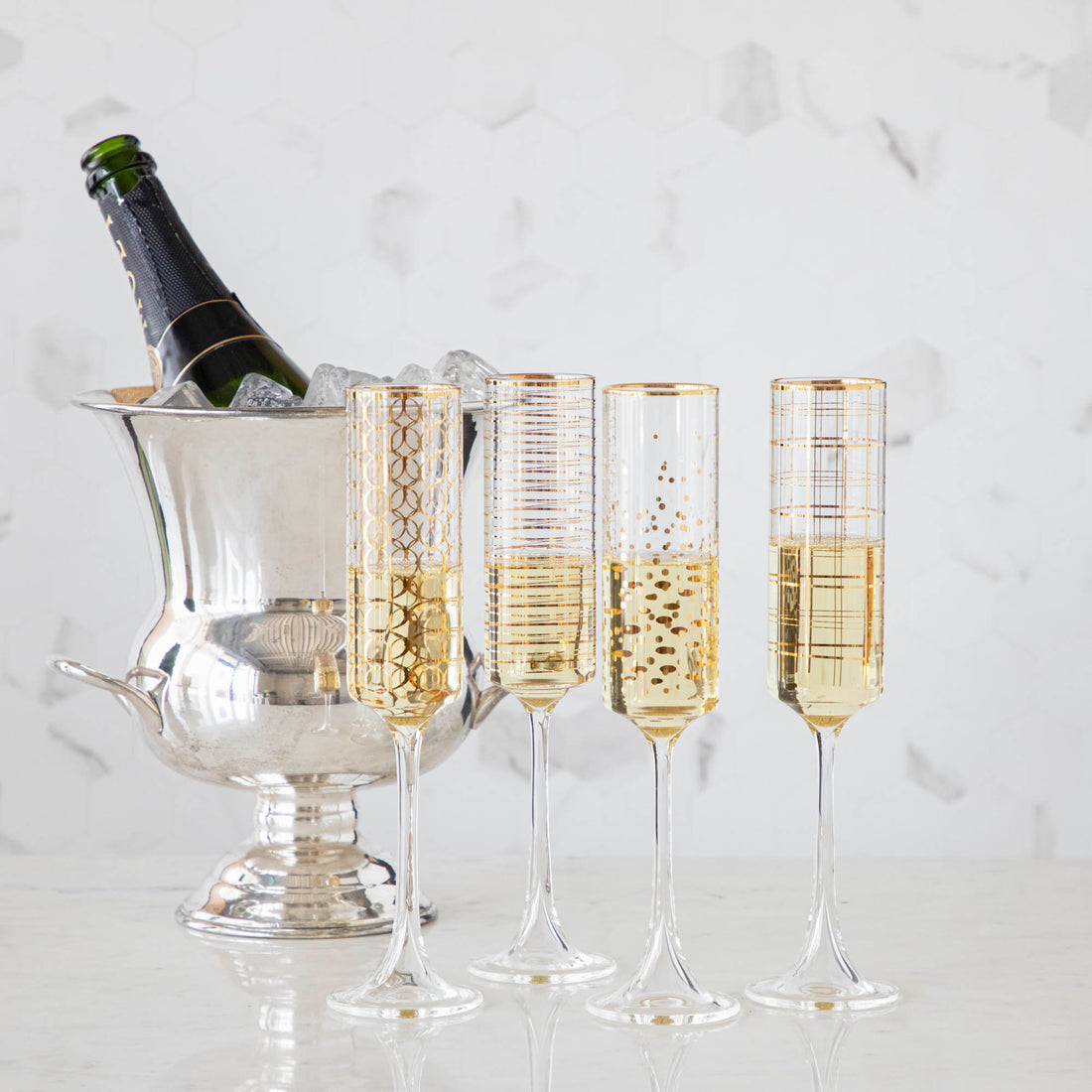 Gold Patterned Champagne Flutes, Set of 4.