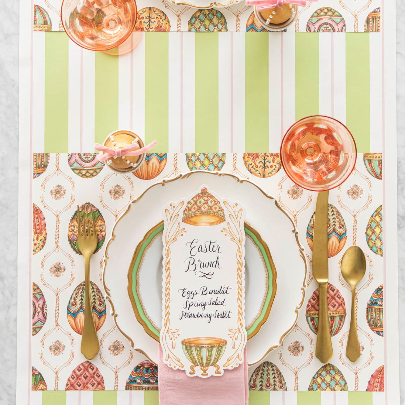 Green & Pink Awning Stripe Runner under an Easter themed place setting for one.
