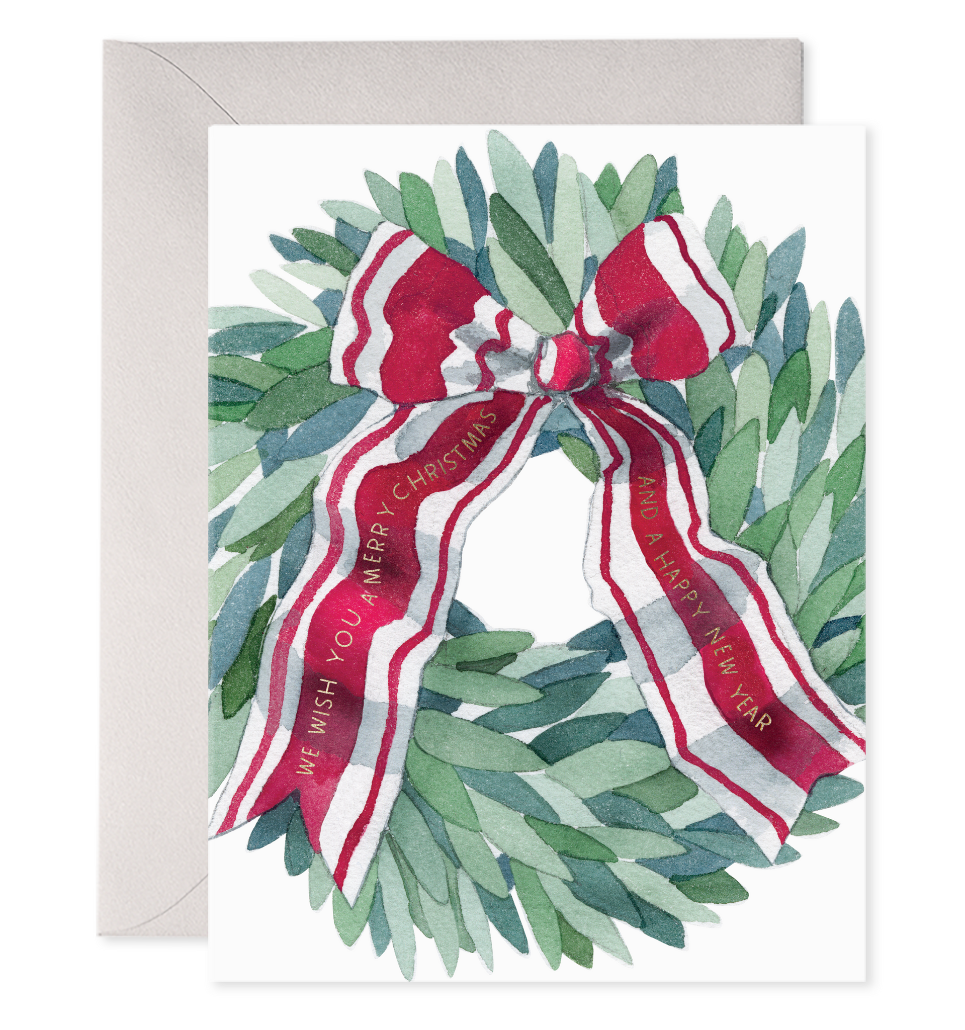 Front of card with illustration of a green wreath with a red & white ribbon tied to it. In gold foil lettering it says in the ribbon "We wish you a Merry Christmas and a Happy New Year"