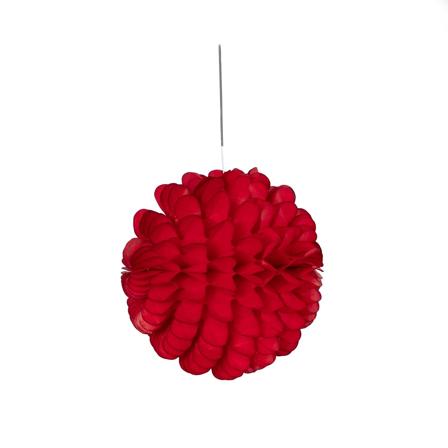 Three Hester & Cook patriotic ruffled balls, set of 3, on a table.